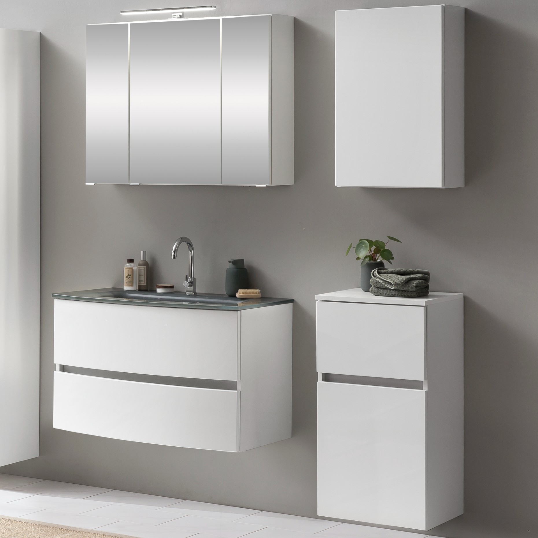 Ensemble salle de bains Kornel 8 à 4 pièces avec vasque grise - blanc