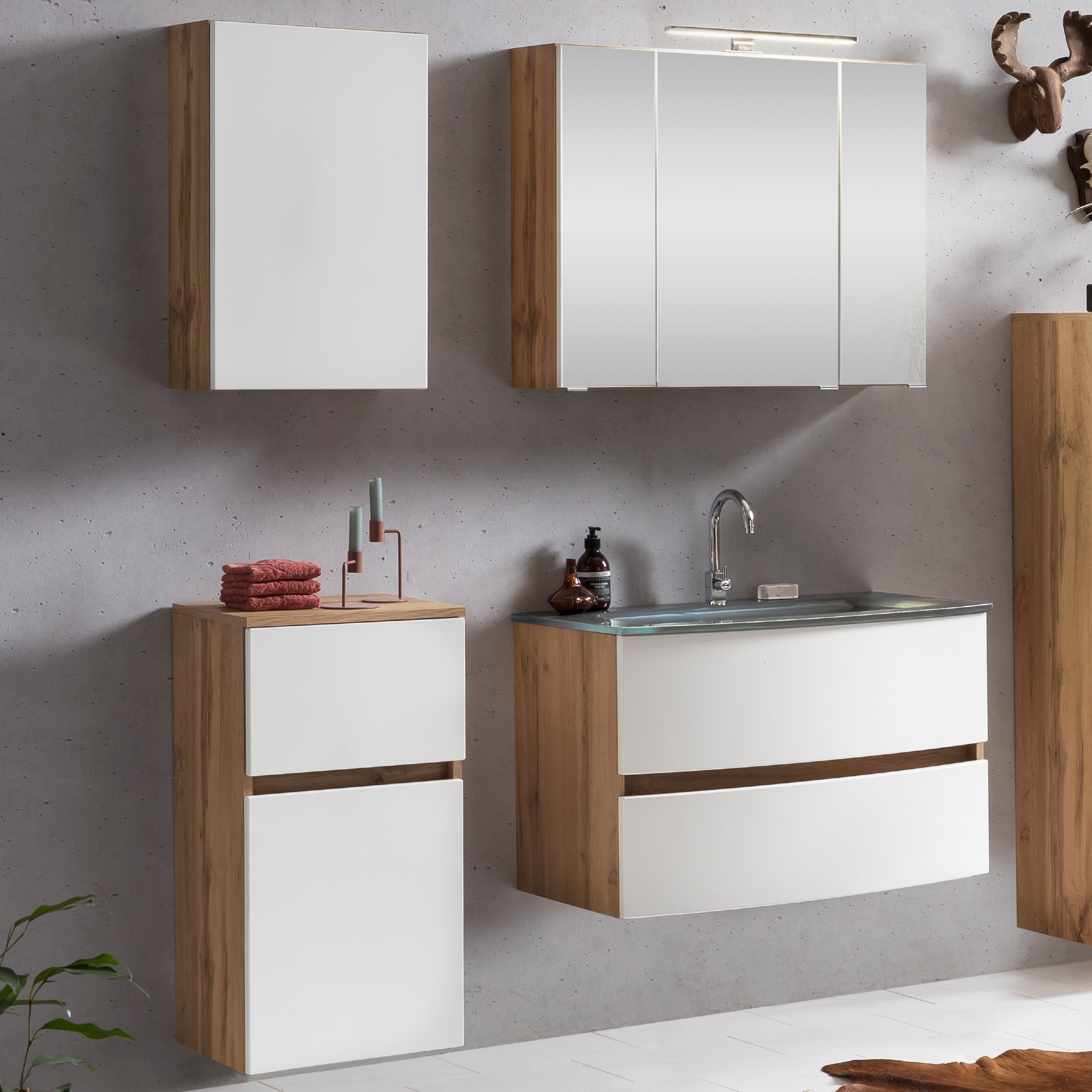 Ensemble salle de bains Kornel 8 à 4 pièces avec vasque grise - chêne/blanc mat