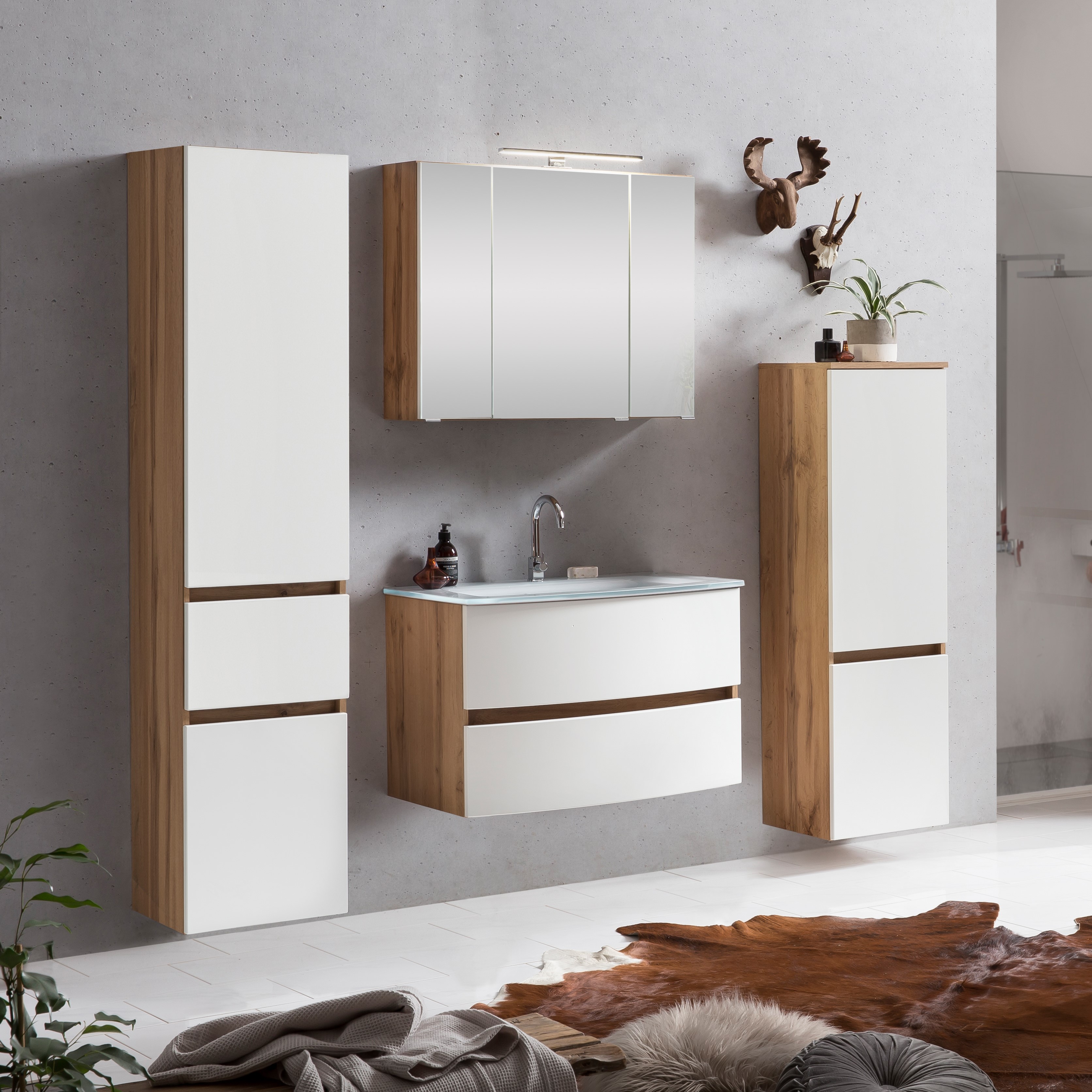 Ensemble salle de bains Kornel 9 à 4 pièces avec vasque blanche - chêne/blanc mat