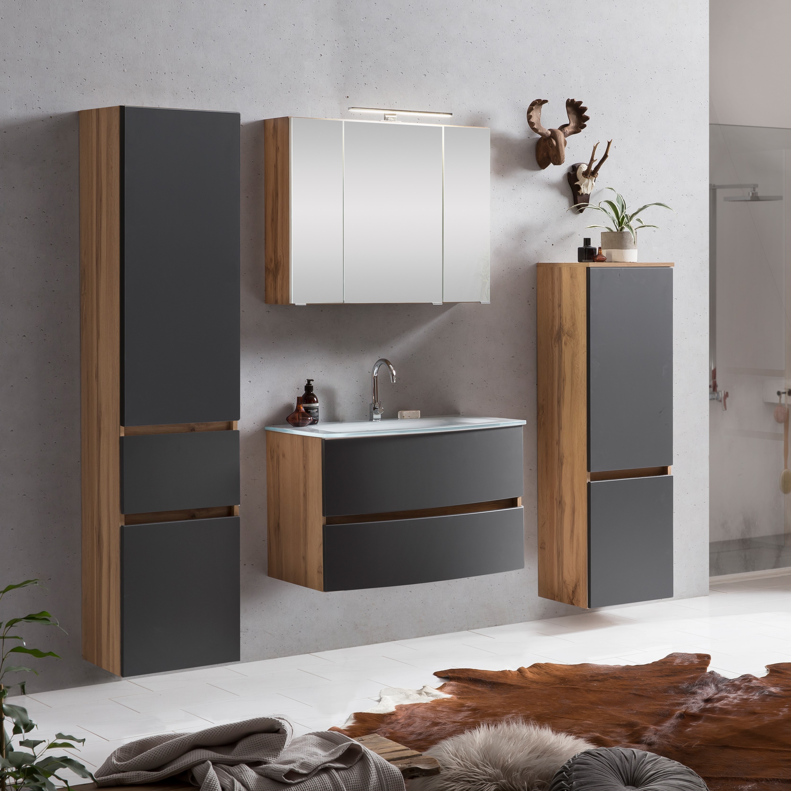 Ensemble salle de bains Kornel 9 à 4 pièces avec vasque blanche - chêne/gris mat