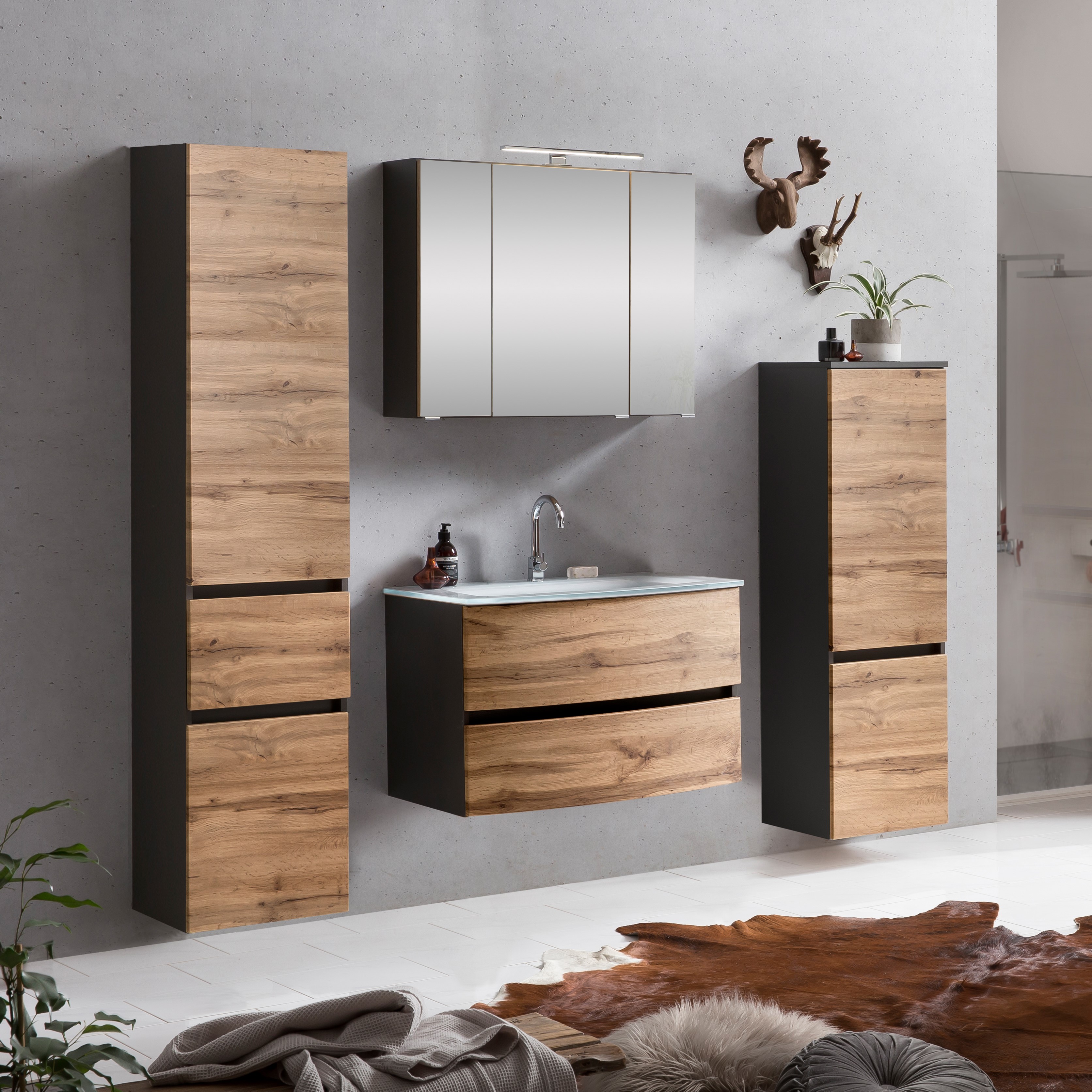 Ensemble salle de bains Kornel 9 à 4 pièces avec vasque blanche - gris graphite/chêne