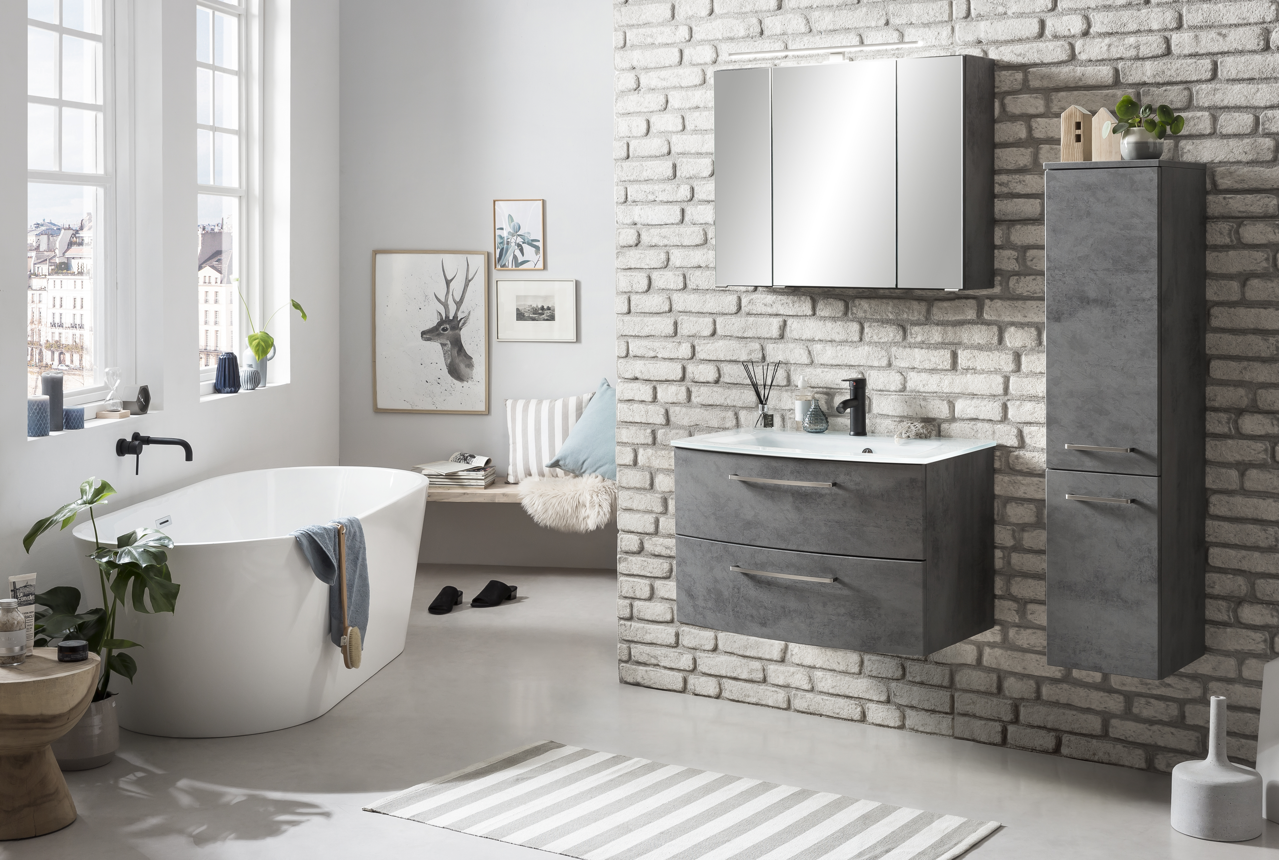 Ensemble salle de bains Stivan 3 pièces avec vasque blanche - béton - Image 8