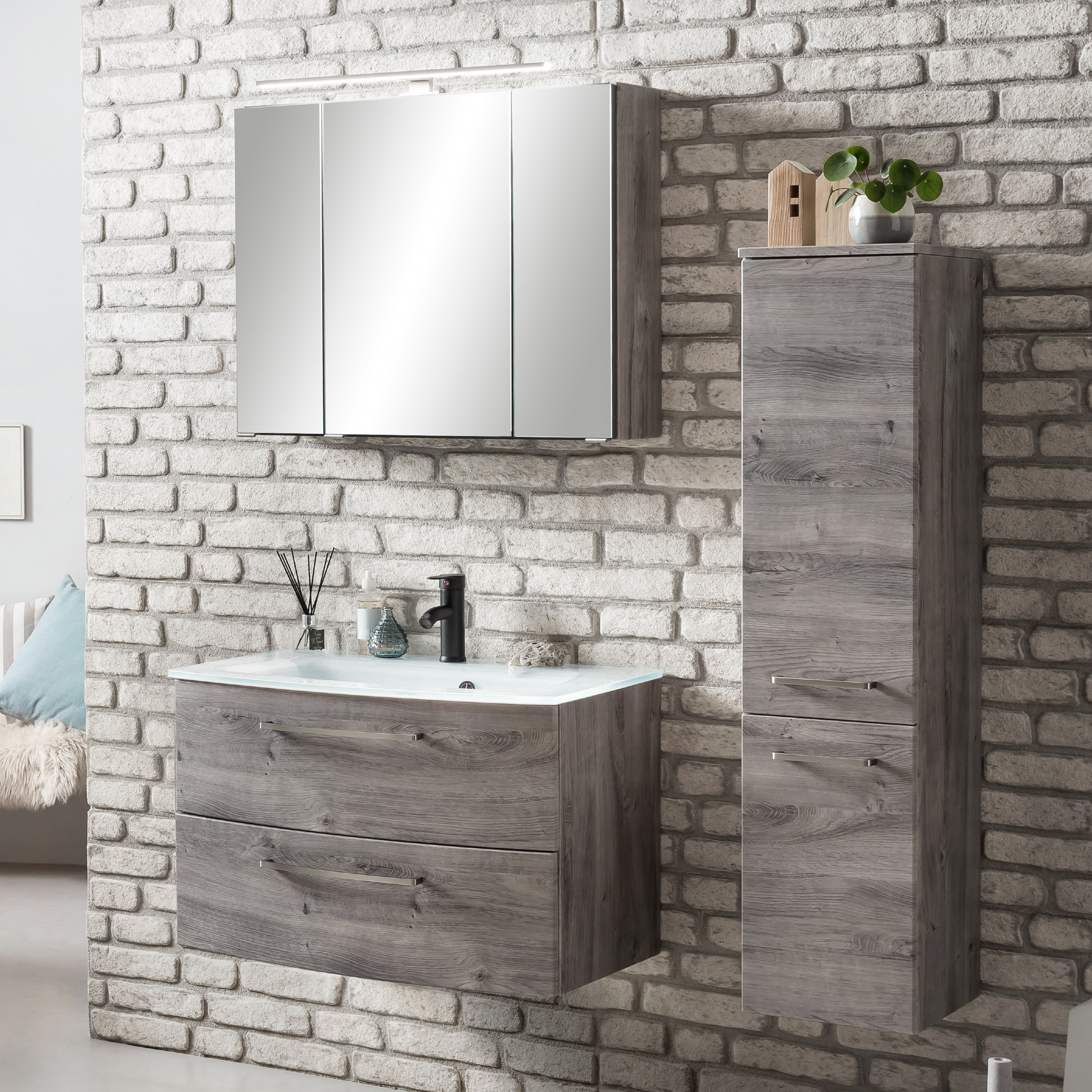 Ensemble salle de bains Stivan 3 pièces avec vasque blanche - chêne gris