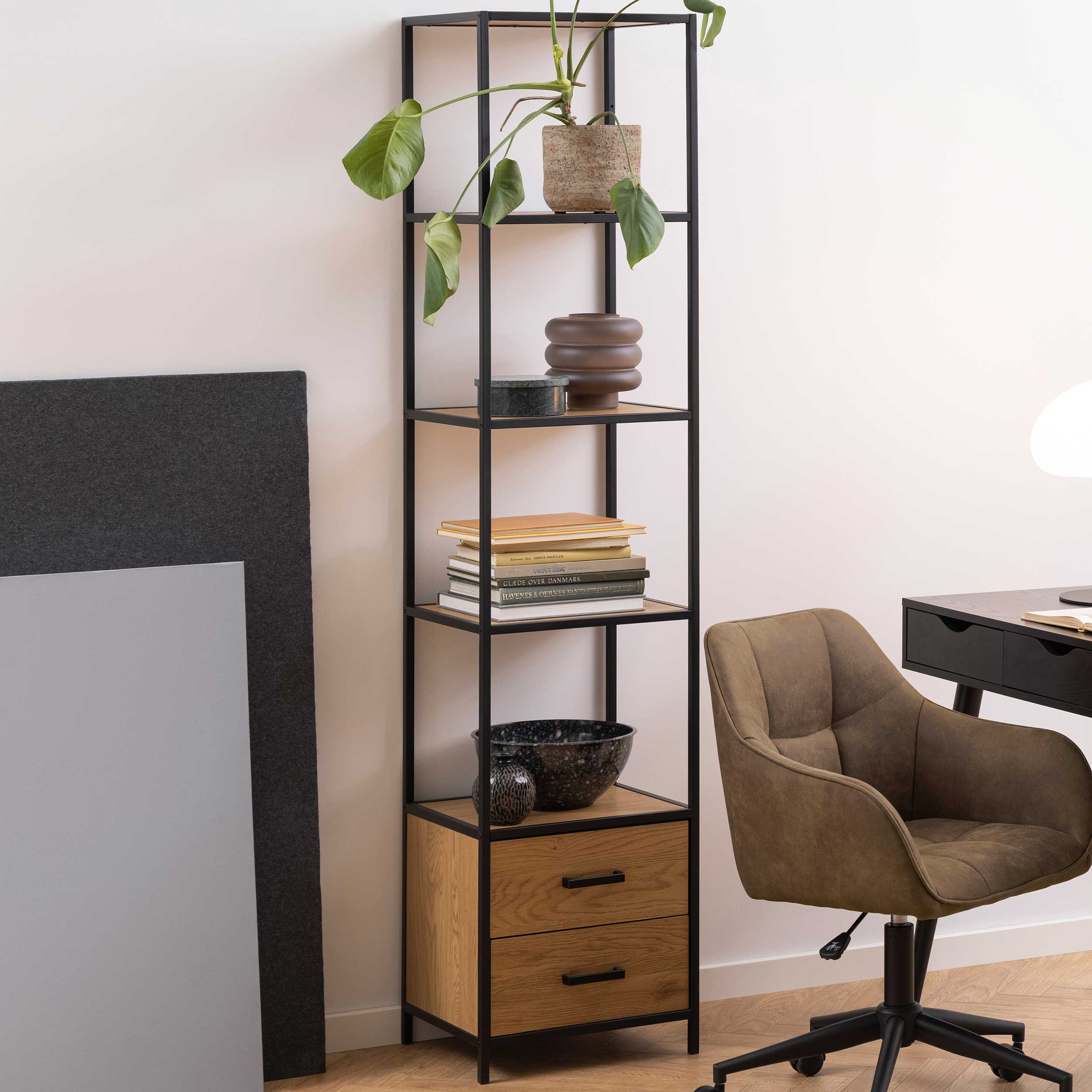 Étagère Dover 42cm, 3 tablettes & 2 tiroirs - noir/chêne sauvage - Image 1