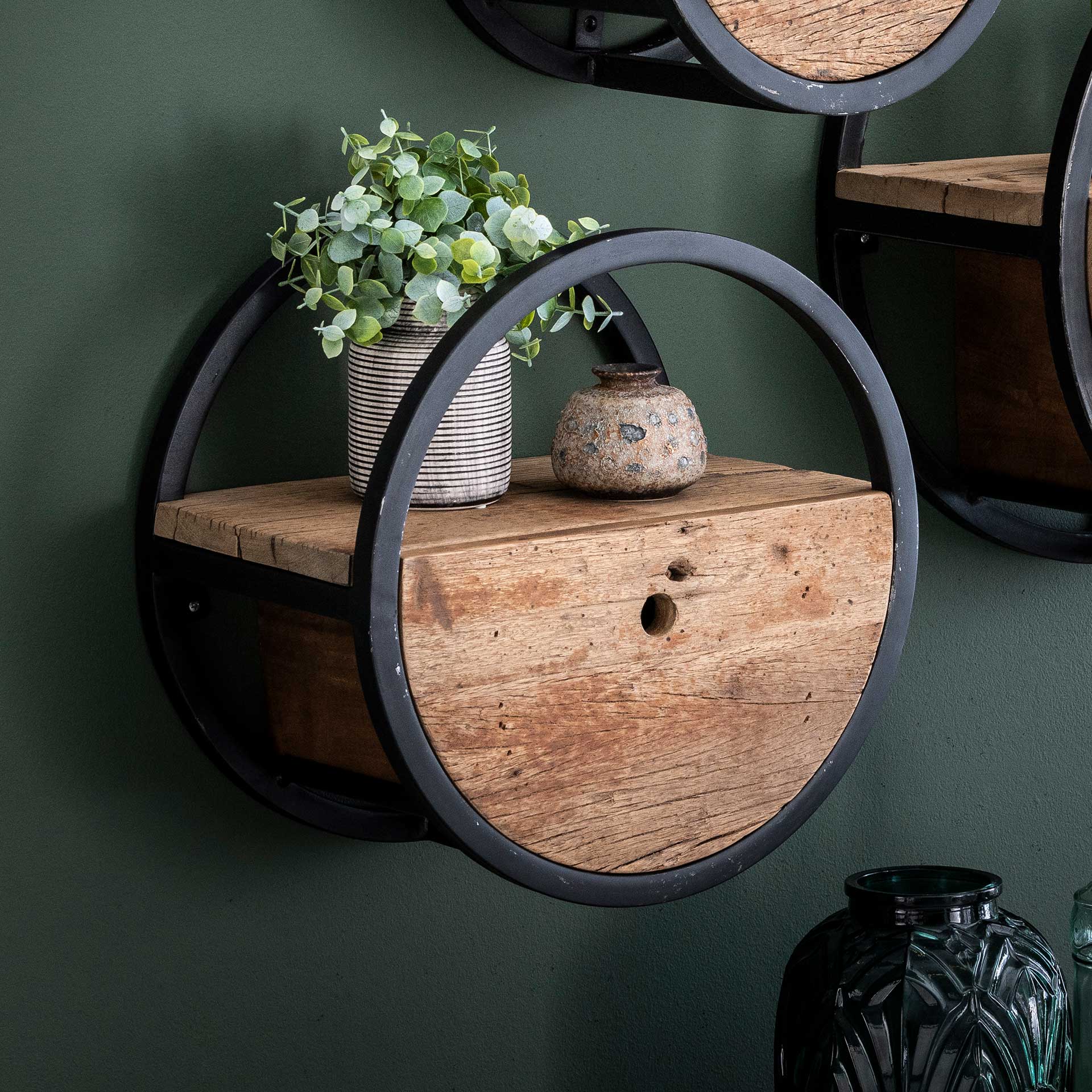 Etagère murale Cyril ronde Ø40 avec tiroir industriel - bois dur - Image 6