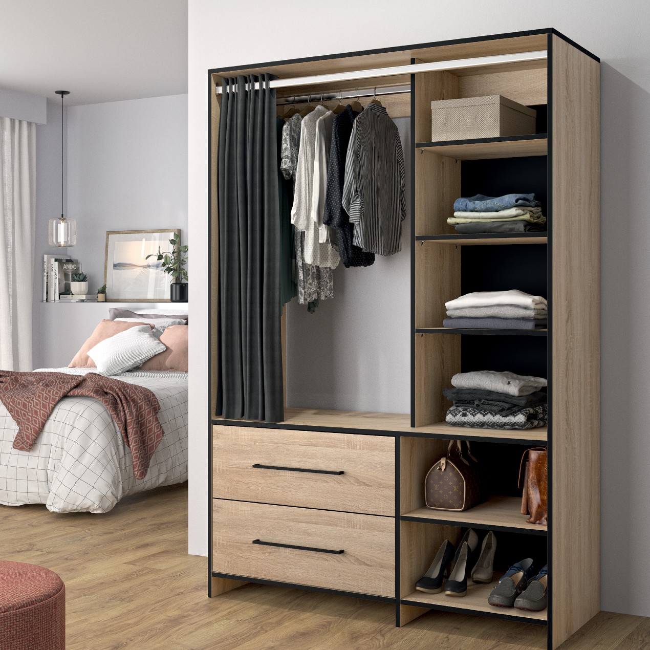 Garde-robe Jungo 122cm 2 tiroirs - chêne/noir - Image 1