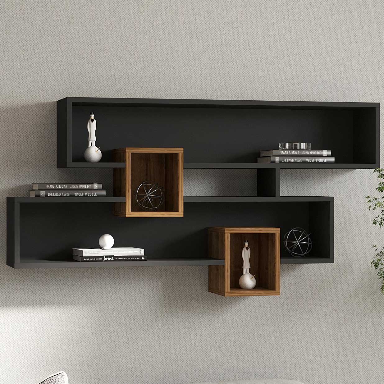 Karen Étagère murale | 100 % MÉLAMINE | Noyer, Anthracite