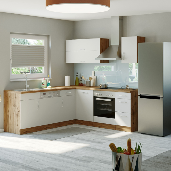 Kitchenette forme L Sorrella 210cm avec espace pour four et lave-vaisselle - blanc/chêne - Image 1