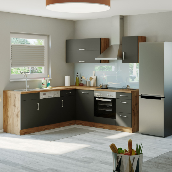 Kitchenette forme L Sorrella 210cm avec four et lave-vaisselle - anthracite/chêne - Image 1