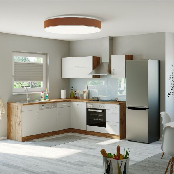 Kitchenette forme L Sorrella 210cm avec four et lave-vaisselle - blanc/chêne - Image 1