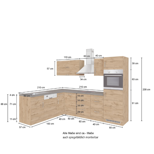 Kitchenette forme L Sorrella 270cm avec espace pour four, lave-vaisselle et réfrigérateur - blanc/chêne - Image 6