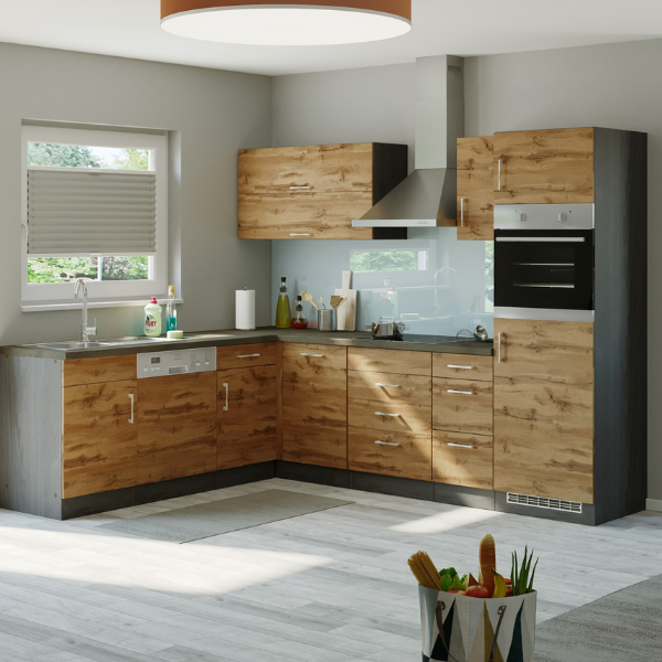 Kitchenette forme L Sorrella 270cm avec espace pour four, lave-vaisselle et réfrigérateur - chêne/graphite