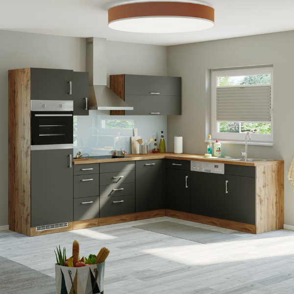 Kitchenette forme L Sorrella 270cm avec four, lave-vaisselle et réfrigérateur - anthracite/chêne - Image 2