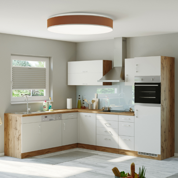 Kitchenette forme L Sorrella 270cm avec four, lave-vaisselle et réfrigérateur - blanc/chêne