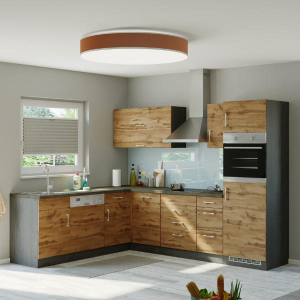 Kitchenette forme L Sorrella 270cm avec four, lave-vaisselle et réfrigérateur - chêne/graphite - Image 1