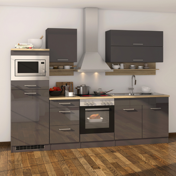 Kitchenette Ragnar 270cm avec espace pour micro-ondes, réfrigérateur et four - anthracite brillant