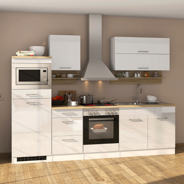 Kitchenette Ragnar 270cm avec espace pour micro-ondes, réfrigérateur et four - blanc brillant - Image 1