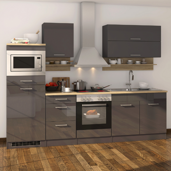 Kitchenette Ragnar 270cm avec micro-ondes, réfrigérateur et four - anthracite brillant - Image 1