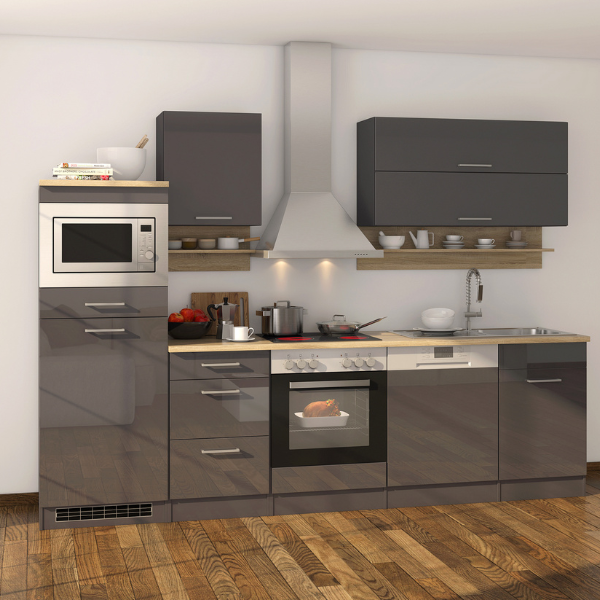 Kitchenette Ragnar 280cm avec espace pour micro-ondes, réfrigérateur, four et lave-vaisselle - blanc brillant