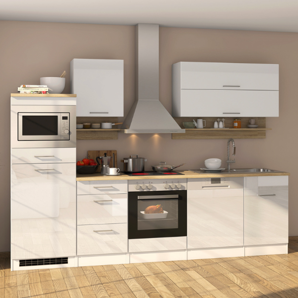 Kitchenette Ragnar 280cm avec micro-ondes, réfrigérateur, four et lave-vaisselle - blanc brillant