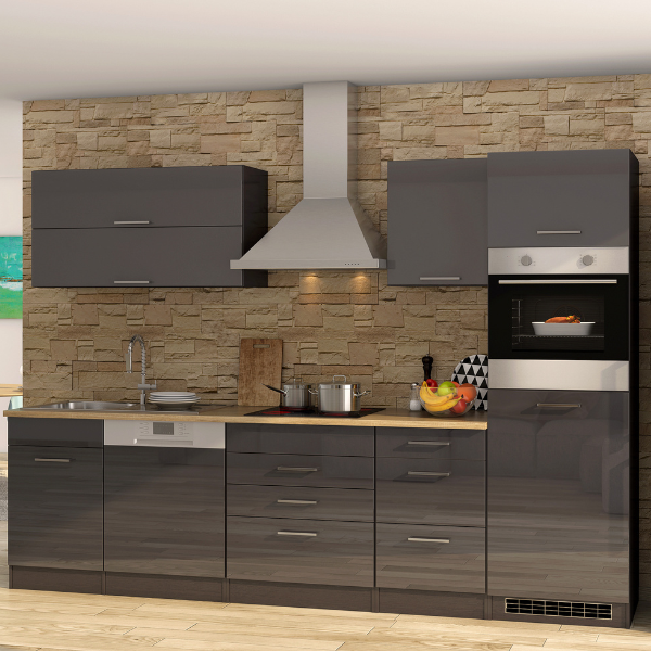 Kitchenette Ragnar 300cm avec espace pour réfrigérateur, four et lave-vaisselle - anthracite brillant - Image 1