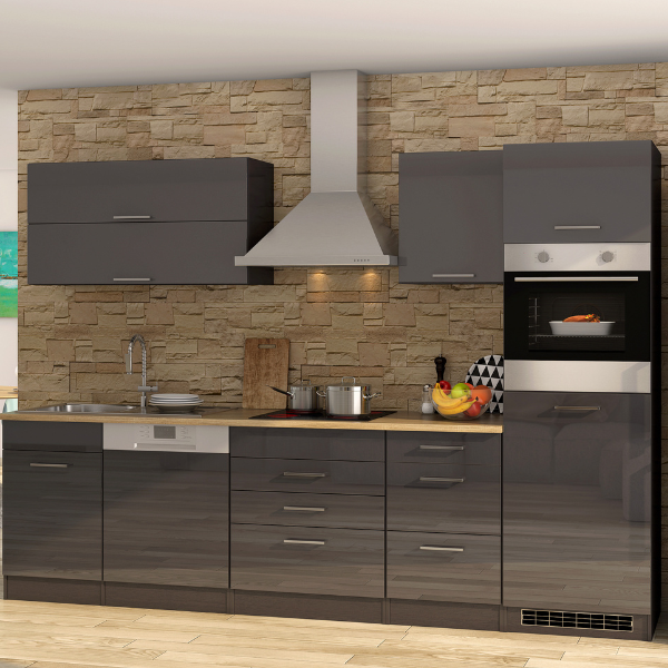 Kitchenette Ragnar 300cm avec four, réfrigérateur et lave-vaisselle - anthracite brillant
