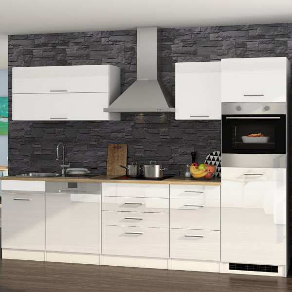 Kitchenette Ragnar 300cm avec four, réfrigérateur et lave-vaisselle - blanc brillant - Image 1