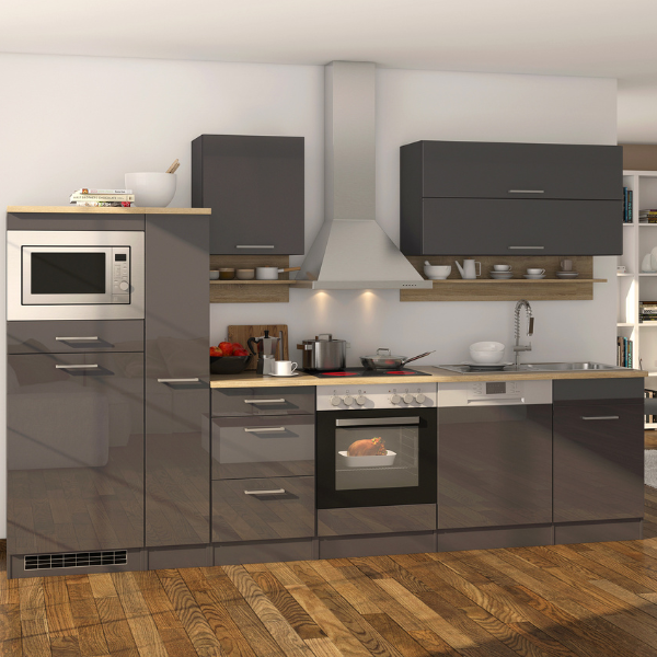 Kitchenette Ragnar 310cm avec espace pour micro-ondes, réfrigérateur, four et lave-vaisselle - blanc brillant