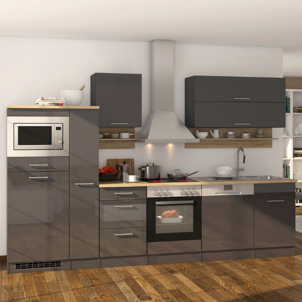 Kitchenette Ragnar 310cm avec micro-ondes, réfrigérateur, four et lave-vaisselle - anthracite brillant - Image 1