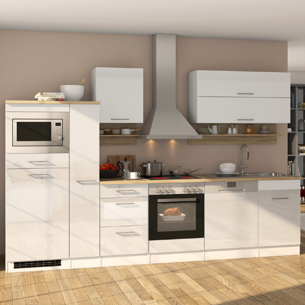 Kitchenette Ragnar 310cm avec micro-ondes, réfrigérateur, four et lave-vaisselle - blanc brillant - Image 1