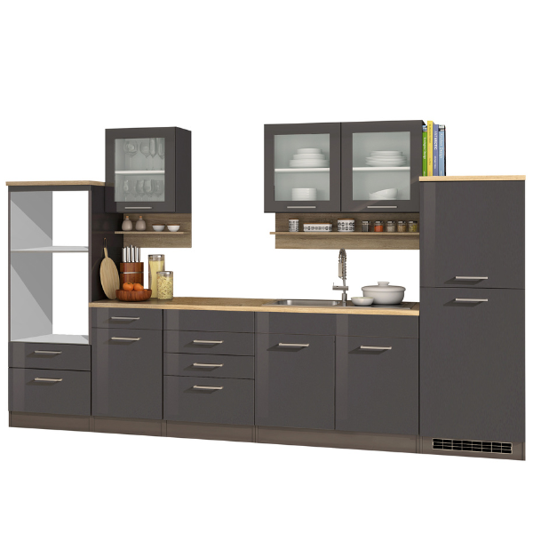 Kitchenette Ragnar 330cm avec espace pour four, micro-ondes et réfrigérateur - anthracite brillant - Image 12