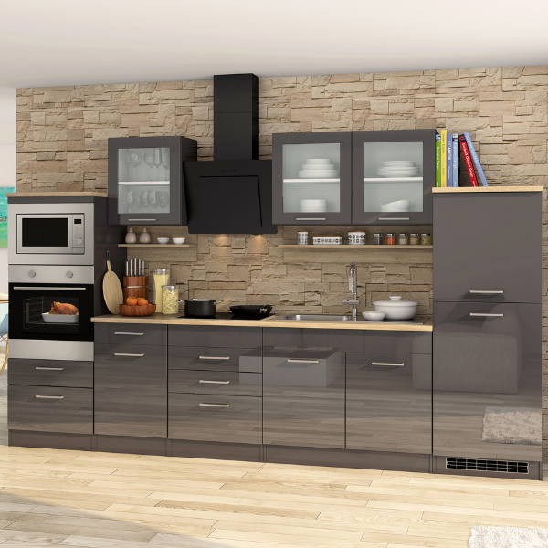 Kitchenette Ragnar 330cm avec four, micro-ondes et réfrigérateur - anthracite brillant