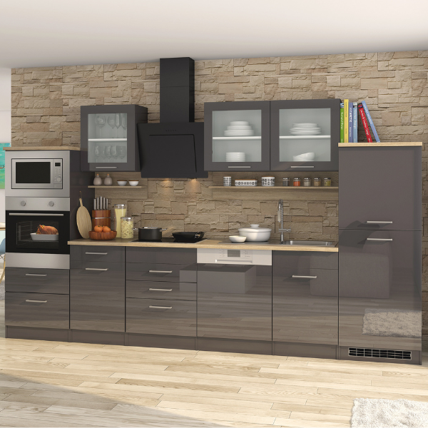Kitchenette Ragnar 330cm avec four, micro-ondes, lave-vaisselle et réfrigérateur - anthracite brillant - Image 1