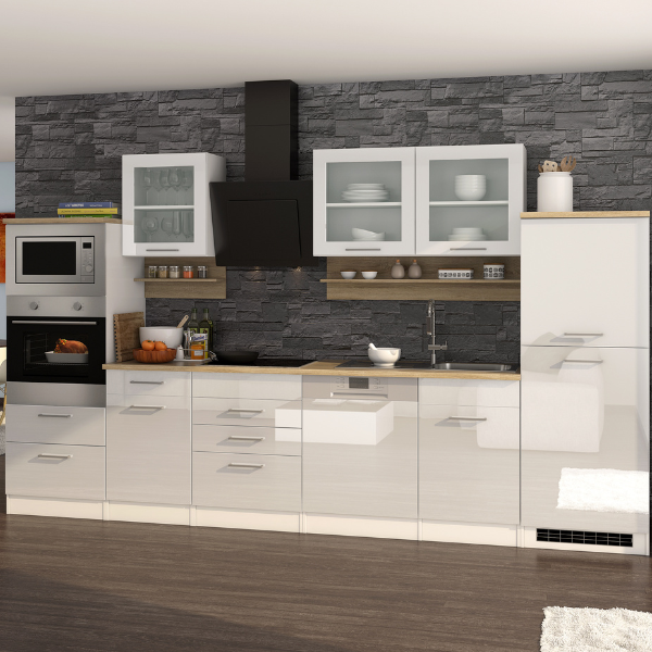 Kitchenette Ragnar 330cm avec four, micro-ondes, lave-vaisselle et réfrigérateur - blanc brillant - Image 1