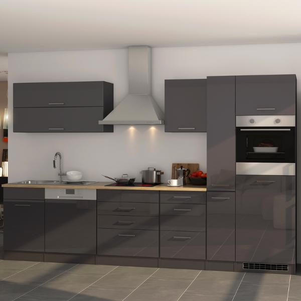 Kitchenette Ragnar 330cm avec réfrigérateur, lave-vaisselle et four - anthracite brillant - Image 1