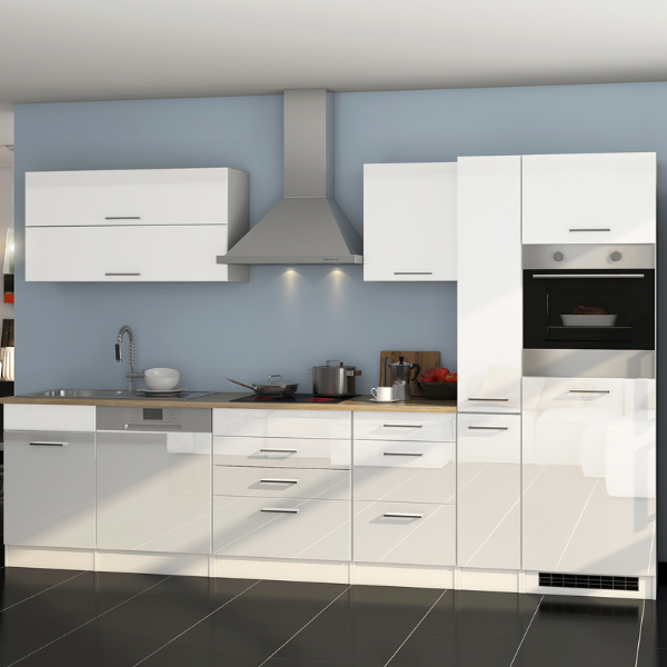 Kitchenette Ragnar 330cm avec réfrigérateur, lave-vaisselle et four - blanc brillant