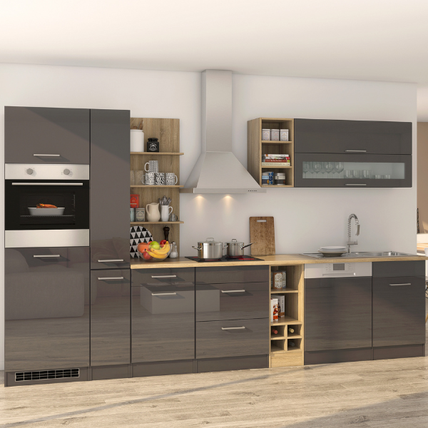 Kitchenette Ragnar 340cm avec lave-vaisselle, four et réfrigérateur - anthracite brillant - Image 1