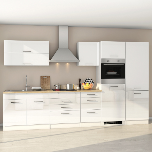 Kitchenette Ragnar 350cm avec espace pour réfrigérateur-congélateur et four - blanc brillant - Image 1