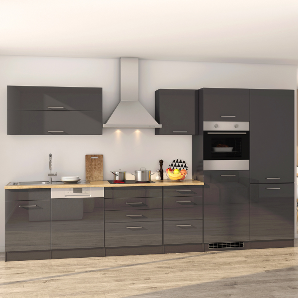 Kitchenette Ragnar 360cm avec espace pour réfrigérateur-congélateur, lave-vaisselle et four - anthracite brillant - Image 1