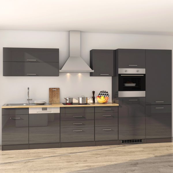 Kitchenette Ragnar 360cm avec réfrigérateur-congélateur, lave-vaisselle et four - anthracite brillant