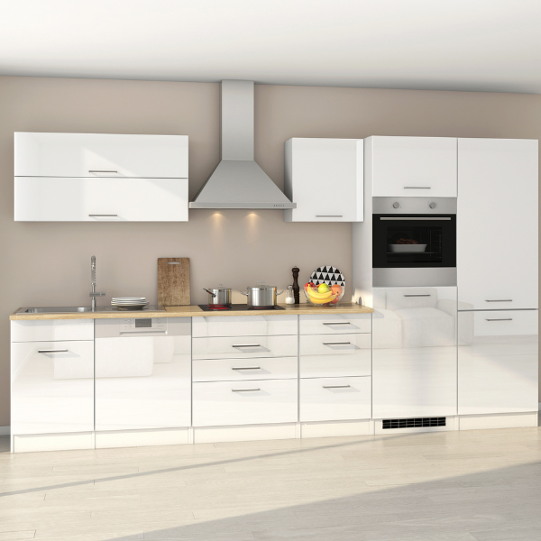 Kitchenette Ragnar 360cm avec réfrigérateur-congélateur, lave-vaisselle et four - blanche brillant