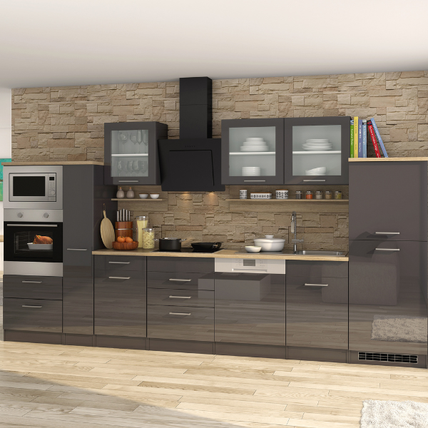 Kitchenette Ragnar 370cm avec four, micro-ondes, lave-vaisselle et réfrigérateur - anthracite brillant - Image 1