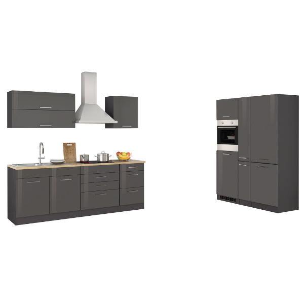 Kitchenette Ragnar 380cm avec réfrigérateur-congélateur et four - anthracite brillant - Image 1