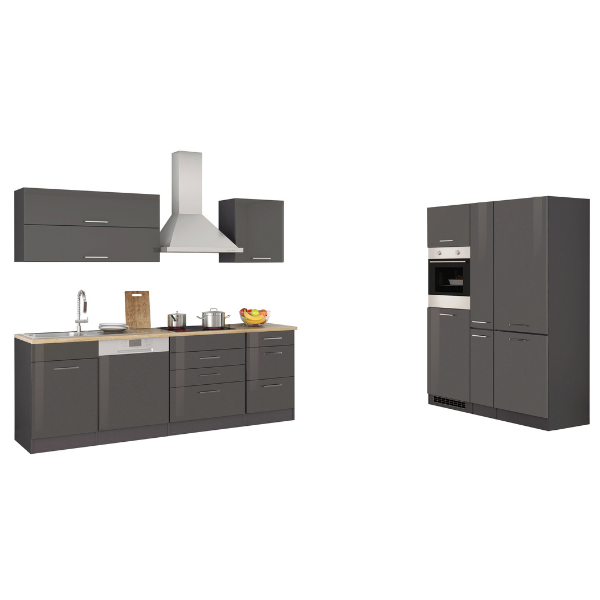 Kitchenette Ragnar 390cm avec réfrigérateur-congélateur, lave-vaisselle et four - anthracite brillant