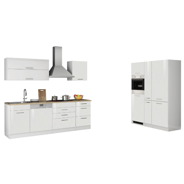 Kitchenette Ragnar 390cm avec réfrigérateur-congélateur, lave-vaisselle et four - blanc brillant