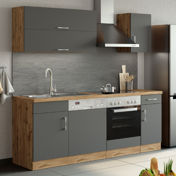 Kitchenette Sorrella 210cm avec espace pour lave-vaisselle et four - anthracite/chêne