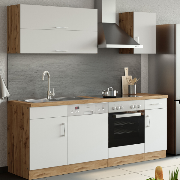 Kitchenette Sorrella 210cm avec espace pour lave-vaisselle et four - blanc/chêne