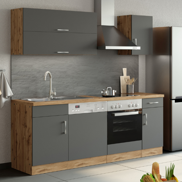 Kitchenette Sorrella 210cm avec lave-vaisselle et four - anthracite/chêne - Image 1