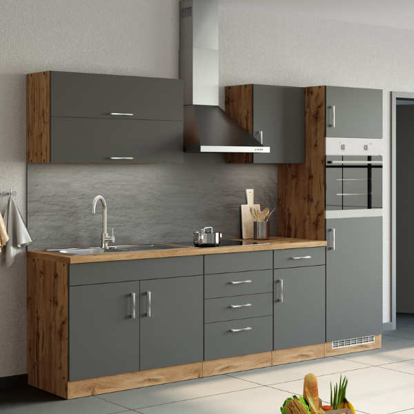 Kitchenette Sorrella 270cm avec espace pour four et réfrigérateur - anthracite/chêne - Image 1