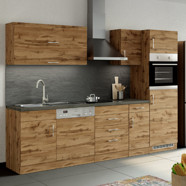 Kitchenette Sorrella 270cm avec espace pour lave-vaisselle, four et réfrigérateur - blanc/chêne - Image 1